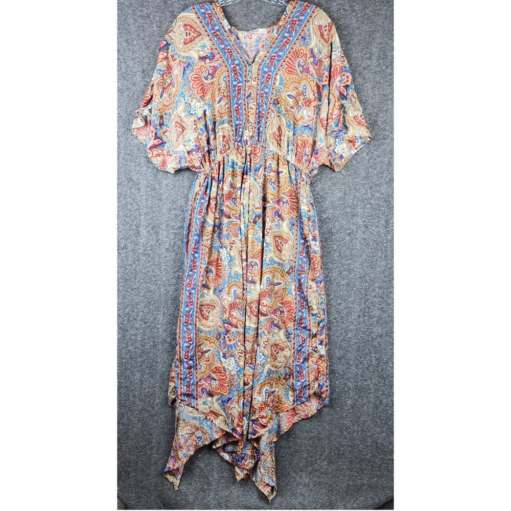 Lapogee Dress Womens L Paisley Multicolor Butterfly Sleeve Handkerchief Hem EUC